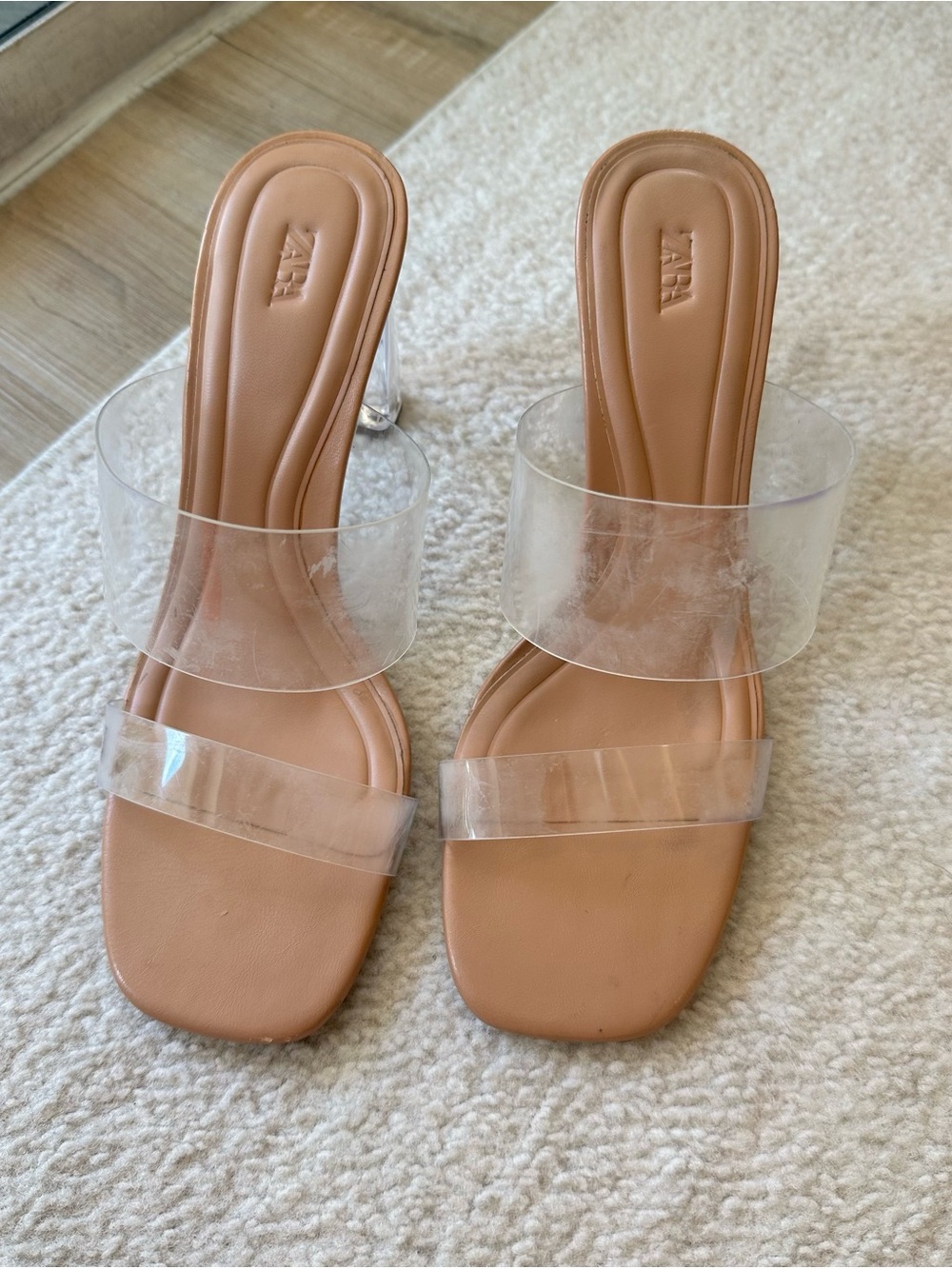 Zara Nude Clear Strap Block Heel Sandals Size 8